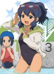  2girls blue_eyes blue_hair glasses inazuma_eleven inazuma_eleven_(series) inazuma_eleven_go multiple_girls one-piece_swimsuit open_mouth otonashi_haruna ponytail pool short_hair sorano_aoi swimsuit whistle 