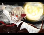  ascot blonde_hair bow cloud dress evil evil_smile fang full_moon glayjirobass hair_bow hair_ribbon highres moon night open_hands open_mouth outstretched_arms red_eyes ribbon rion_(glayjirobass) rumia short_hair skirt sky smile solo spread_arms the_embodiment_of_scarlet_devil touhou youkai 