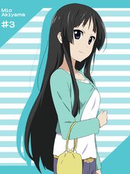  akiyama_mio bag belt black_eyes black_hair casual character_name ikari_manatsu k-on! long_hair smile solo striped striped_background very_long_hair 