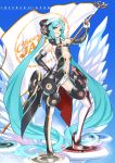  aqua_eyes aqua_hair ban bare_shoulders boots center_opening elbow_gloves flag gloves hand_on_hip hatsune_miku headphones high_heels highres hips long_hair shoes solo speaker standing thigh-highs thigh_boots thighhighs twintails very_long_hair vocaloid wings 