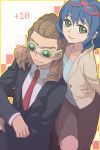 1girl adult bad_id blue_hair brother_and_sister brown_hair dreadlocks formal glasses glasses_on_head green_eyes hairlocs inazuma_eleven inazuma_eleven_(series) inazuma_eleven_go kidou_yuuto lizzydom necktie open_clothes open_jacket otonashi_haruna short_hair siblings smile suit 