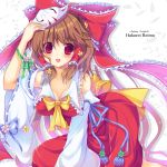  bare_shoulders bow breasts brown_hair character_name cleavage detached_sleeves fox_mask hair_bow hair_tubes hakurei_reimu looking_at_viewer mask miko open_mouth ratise red_eyes ribbon smile solo tassel title_drop touhou 