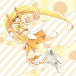  blonde_hair boots cure_sunshine dutch_angle foreshortening getsumen heart heartcatch_precure! highres long_hair magical_girl midriff myoudouin_itsuki open_mouth precure skirt solo twintails very_long_hair yellow_eyes 