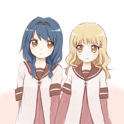  blonde_hair blue_hair brown_eyes furutani_himawari hair_ornament hairband hairclip oomuro_sakurako school_uniform suga tsundere yuru_yuri 