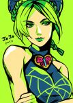  1girl braid double_bun green_eyes green_hair hidaka_(azurite) jojo_no_kimyou_na_bouken kuujou_jolyne lipstick makeup multicolored_hair solo two-tone_hair 