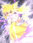  alternate_color alternate_element blonde_hair blush cirno dress electricity haeto_ryou ikazu_cirno open_mouth pointing ribbon smile solo spiked_hair spiky_hair touhou yellow_dress yellow_eyes 