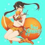  black_hair boots food fruit gecco_knight long_hair midriff miniskirt navel orange orange_eyes original skirt solo twintails 