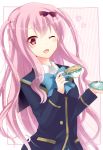  cup girlfriend_(kari) kagami_matsuri pink_eyes pink_hair school_uniform tagme tea teacup winking 