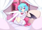  ahoge bat_wings blue_hair brooch cicin curtains dress feet hair_ribbon highres jewelry leg_hug red_eyes remilia_scarlet ribbon solo thigh-highs thighhighs touhou white_legwear window wings 