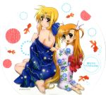  absurdres album_cover back barefoot blonde_hair blush cover fate_testarossa feet green_eyes heterochromia highres japanese_clothes kimono kneeling long_hair lyrical_nanoha mahou_shoujo_lyrical_nanoha mahou_shoujo_lyrical_nanoha_strikers multiple_girls off_shoulder official_art open_mouth red_eyes smile uchiwa_design undressing very_long_hair vivio yukata 