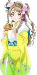  blush brown_eyes brown_hair flower kimono long_hair love_live!_school_idol_project minami_kotori ribbon smile twin_tails 