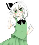  adjusting_glasses blush glasses green_eyes hairband hand_on_hip hips konpaku_youmu open_mouth red-framed_glasses shierutei short_hair silver_hair skirt solo touhou 