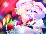  book cheek_kiss closed_eyes eyes_closed flandre_scarlet hand_on_another's_cheek hand_on_another's_face hand_on_cheek hat kiss multiple_girls muratomo remilia_scarlet short_hair siblings sisters touhou wince wings yuri 
