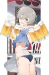  1girl alcohol alternate_costume apron ass beer beer_mug blue_eyes breasts commentary_request cup eyebrows eyebrows_visible_through_hair hayashi_kewi kantai_collection looking_at_viewer looking_back one_eye_closed open_mouth revision short_hair silver_hair small_breasts solo z1_leberecht_maass_(kantai_collection) 