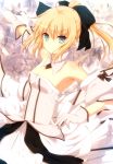  1girl ahoge angry arm_up bare_shoulders blonde_hair bow breasts cleavage detached_sleeves dress fate/stay_night fate/unlimited_codes fate_(series) gingami gloves green_eyes large_breasts nagomi_no_ame petals ponytail saber saber_lily short_hair solo 