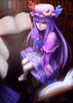  book from_above hat highres patchouli_knowledge perspective purple_hair sitting touhou tuzki 