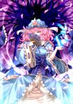  archienemy arm_ribbon blue_dress butterfly cherry_blossoms covering covering_face dress fan hat long_hair petals pink_eyes pink_hair saigyouji_yuyuko solo touhou tree wink 