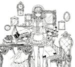  apron bat_wings bottle bow braid chair clock corset cup eyelashes flandre_scarlet flower frills gathers hair_ribbon hand_holding hat holding_hands izayoi_sakuya maid maid_headdress mirror monochrome multiple_girls perfume_bottle remilia_scarlet ribbon ruffles short_hair simple_background table takatora tea_set teacup teapot thigh_strap touhou tray twin_braids wings wrist_cuffs 