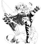  archer arrow boots bow bow_(weapon) braid cloak dragon&#039;s_crown dragon's_crown elf elf_(dragon&#039;s_crown) elf_(dragon's_crown) gloves highres hood injury lying monochrome monster natsume_(tsu-na) navel pig pointy_ears quiver solo thigh-highs thigh_boots thighhighs twin_braids weapon 