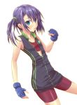  bike_shorts blue_eyes blue_hair chest fingerless_gloves flat_chest gloves highres jacket kaeru314 looking_at_viewer original ruri_(kaeru314) side_ponytail simple_background solo sports_bra track_jacket unzipped 