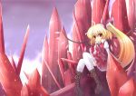  blonde_hair cicin crystal flandre_scarlet hair_ribbon highres red_eyes ribbon side_ponytail solo the_embodiment_of_scarlet_devil thighhighs touhou white_legwear 