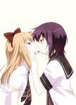  black_hair blonde_hair blue_eyes bow brown_eyes face-to-face face_to_face feeding funami_yui hair_bow hand_on_another's_face hand_to_face long_hair multiple_girls necktie open_mouth school_uniform short_hair simple_background smile spoon tongue tongue_out toshinou_kyouko umekichi yuri yuru_yuri 