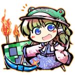  blush_stickers chibi creeper crossover detached_sleeves fire green_hair hair_tube hair_tubes helmet kochiya_sanae minecraft no_nose okome_(kome_kuma) open_mouth pickaxe rana_(minecraft) sparkle torch touhou translated 