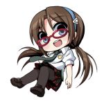  black_legwear blue_eyes blush brown_hair chibi evangelion:_2.0_you_can_(not)_advance french_maid glasses hairband loafers long_hair lowres makinami_mari_illustrious necktie neon_genesis_evangelion open_mouth pantyhose plaid plaid_skirt rebuild_of_evangelion red-framed_glasses school_uniform shoes simple_background skirt smile solo twintails 