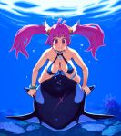  bubble caustic_lighting cleavage erect_nipples fangs freediving horns large_breasts long_hair nomura_ryouji orca original pink_eyes pink_hair puffy_cheeks scar smile solo star swimsuit twintails underwater 