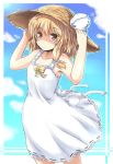  bare_shoulders blonde_hair bow cloud collarbone dress hat holding holding_hat kirisame_marisa rock_heart sky solo straw_hat sun_hat sundress touhou wind yellow_eyes 
