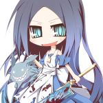  alice_(wonderland) alice_in_wonderland american_mcgee&#039;s_alice american_mcgee's_alice aqua_eyes bad_id bare_shoulders blood blue_hair blush_stickers cheshire_cat chibi ichiyan jewelry knife long_hair open_mouth sharp_teeth simple_background single_earring very_long_hair 
