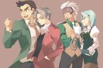  blue_hair cravat earrings formal genes gloves godot gyakuten_saiban itonokogiri_keisuke jewelry karuma_mei mitsurugi_reiji mole necktie pantyhose short_hair smile suit visor whip white_hair 