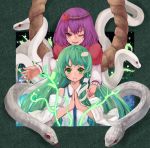  detached_sleeves frame green_eyes green_hair hair_ornament hand_on_shoulder hands_together kochiya_sanae long_hair looking_at_viewer mamepon multiple_girls purple_hair red_eyes rope serious shimenawa short_hair smile snake touhou wink yasaka_kanako 