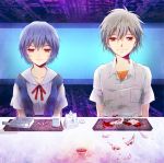  blood blue_hair candle cup drugs feathers kiina light_smile nagisa_kaworu neon_genesis_evangelion nerv pill red_eyes school_uniform short_hair silver_hair tray 