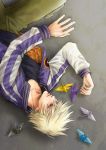  blonde_hair hanoi73 ivan_karelin jacket letterman_jacket lying male origami paper_crane purple_eyes purple_jacket shio_(hanoi73) short_hair solo tiger_&amp;_bunny violet_eyes 