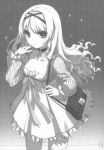  bag breasts choker cleavage collarbone dress frilled_dress frills h2so4 hair_ribbon hand_on_own_face hand_to_face highres long_hair monochrome original purse ribbon solo sparkle standing thigh-highs thighhighs tongue 