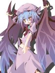  ascot bad_id bat_wings blue_hair fang gradient_hair hat ichiyan multicolored_hair open_mouth red_eyes remilia_scarlet ringed_eyes skirt smile solo touhou wings 