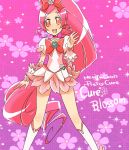  bow character_name choker cure_blossom floral_background hanasaki_tsubomi heartcatch_precure! long_hair magical_girl pink pink_background pink_eyes pink_hair ponytail precure ribbon smile solo title_drop wrist_cuffs yawaragi 