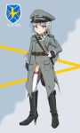  blue_hair boots commentary commentary_request dagger ogitsune_(ankakecya-han) red_eyes strike_witches strike_witches_1991 thighhighs uniform weapon white_legwear 