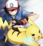  1boy black_hair child fingerless_gloves gloves hat maruki_(punchiki) orange_eyes pikachu pokemon pokemon_(anime) pokemon_(creature) satoshi_(pokemon) short_hair 
