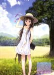  bare_legs bare_shoulders blue_eyes blue_sky brown_hair cloud computer_keyboard dress flat_chest hat highres kami-sama_no_memo-chou kamisama_no_memochou kishida_mel light_smile long_hair shionji_yuuko sky solo standing sun_hat sundress tree very_long_hair white_dress 