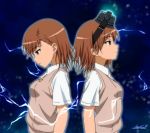  2girls back-to-back brown_eyes brown_hair electricity head_mounted_display miastral_violet misaka_imouto misaka_mikoto multiple_girls school_uniform short_hair to_aru_kagaku_no_railgun to_aru_majutsu_no_index 