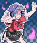 aqua_eyes breasts checkered checkered_background fang geung_si hat hogeeeee jiangshi miyako_yoshika ofuda open_mouth outstretched_arms pale_skin short_hair solo star touhou zombie_pose 