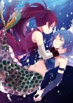  arm_strap blue_hair bridal_gauntlets cape closed_eyes detached_sleeves eyes_closed jing_hu long_hair magical_girl mahou_shoujo_madoka_magica mermaid miki_sayaka monster_girl multiple_girls navel ponytail red_eyes red_hair redhead sakura_kyouko short_hair spoilers underwater 