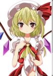  1girl ass blonde_hair blush brown_eyes fake_scrollbar fang flandre_scarlet hand_on_own_chest hat hat_ribbon highres looking_at_viewer ma-yu no_panties puffy_sleeves ribbon shirt short_sleeves side_ponytail skirt skirt_lift skirt_set solo touhou vest wings 