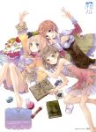  :d absurdres atelier_(series) atelier_meruru atelier_rorona atelier_totori bare_legs bare_shoulders barefoot beaker blonde_hair bloomers blue_eyes blush book bow breasts brown_eyes brown_hair cape cleavage flat_chest flower food fruit gust highres kishida_mel long_hair looking_at_viewer lying merurulince_rede_arls minidress multiple_girls official_art on_back on_side open_mouth outstretched_arm rororina_fryxell smile test_tube totooria_helmold 