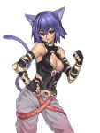  bare_shoulders blue_hair breasts cat_ears cat_tail cleavage cleavage_cutout elbow_gloves fingerless_gloves gloves hand_on_hip hips houtengeki original red_eyes short_hair simple_background solo suspenders tail 