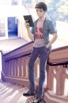  bad_id black_hair brown_eyes casual chain copyright_request hand_in_pocket highres ipad jeans looking_at_viewer male misakamitoko0903 shoes solo stairs 