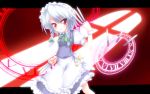 between_fingers braid cicin izayoi_sakuya knife magic_circle maid_headdress red_eyes silver_hair solo the_embodiment_of_scarlet_devil throwing_knife touhou weapon 
