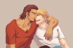  antonio_lopez blonde_hair brown_hair closed_eyes dark_skin eyes_closed hug jeans keith_goodman laughing lunarclinic male multiple_boys short_hair simple_background t-shirt tiger_&amp;_bunny v-neck yaoi 